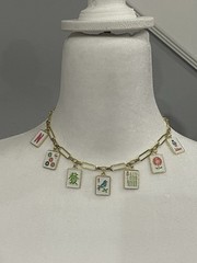 Mah Jongg Necklace Goldtone Bird Bam Jocker Bamboo Wind New
