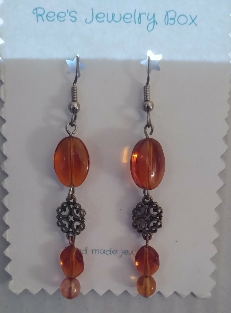 Victorian Style Amber Earrings, Dangle, Radiant soft color, Fall colors.