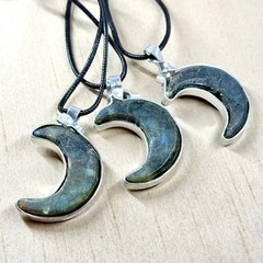 Labradorite Crescent Moon Wire Wrapped Pendant on Black Cord, Handmade – 24″