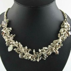 Handmade Necklace GLASS BEADS KHAKI BEIGE Tone MOP JASPER 20 inch Adjustable