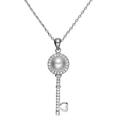 18″ Key Wedding Necklace Bridesmaid Gift Silver White Pearl CZ Pendant Box PE5