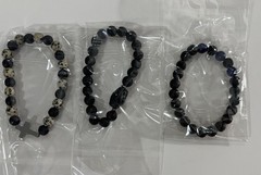 Set of 3 Beaded Stone Bracelets, Black Beige Blue, Stretch, Cross Charm