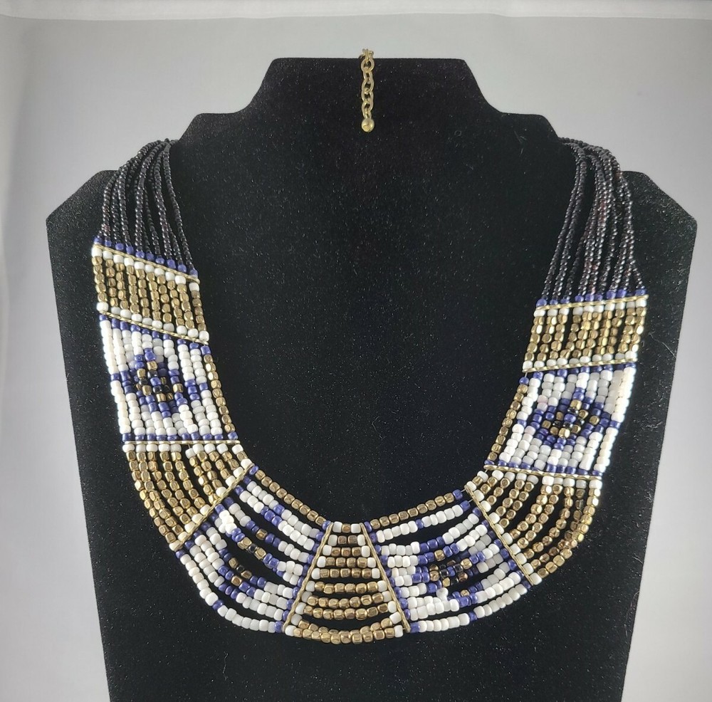 Handcrafted Bib Choker Seed Beads & Gold Spacer Beads Boho Pattern