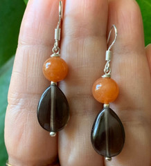 V.PRETTY~ Brown Smoky Quartz & Orange Aventurine 925 Sterling Silver Earrings