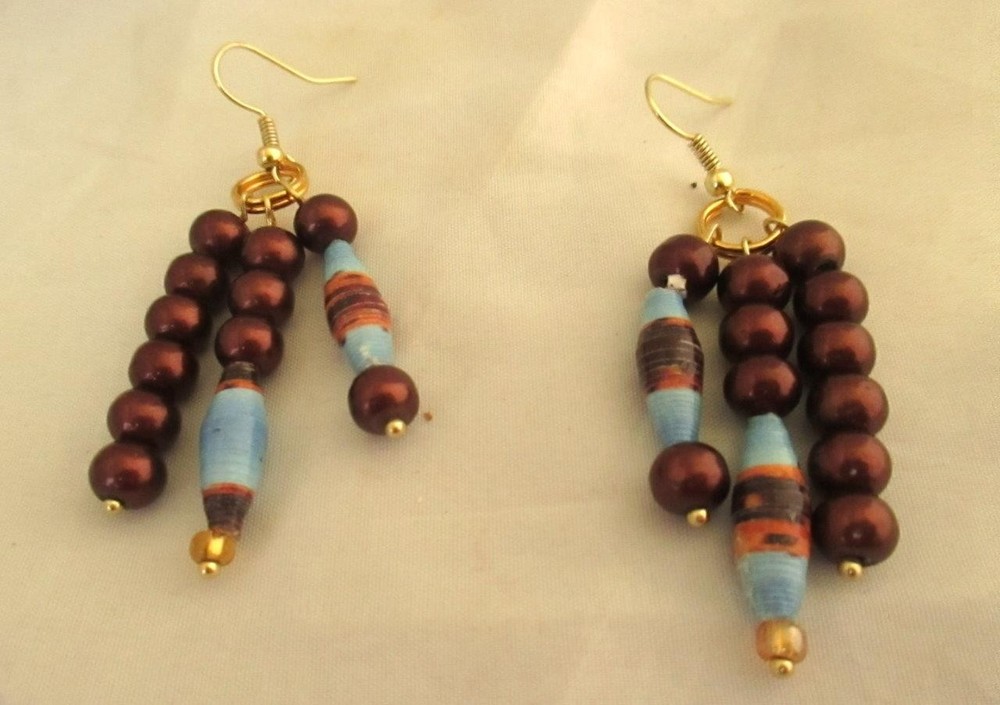 2.5″ Drop Dangle Earrings Blue & Brown Mix Recycled Paper Beads Gold Wires