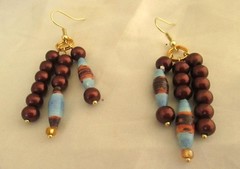 2.5″ Drop Dangle Earrings Blue & Brown Mix Recycled Paper Beads Gold Wires
