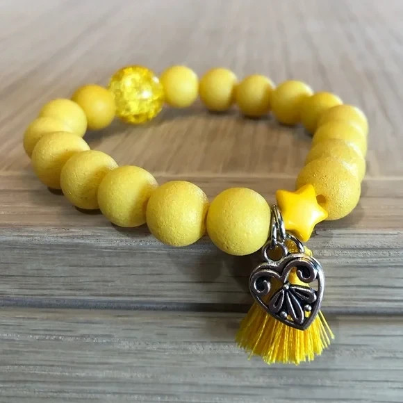 Bright Yellow Beaded Bracelet , Charm & Tassel