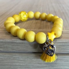 Bright Yellow Beaded Bracelet , Charm & Tassel