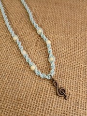 New Blue Hemp Necklace W/ Bronze Music Charm & White Beads 15 in Macrame
