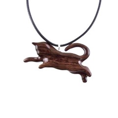 Hand-Carved Wooden Cat Pendant Necklace, Playful Kitten Pet Animal Wood Jewelry