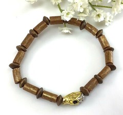 Coral and wood beaded bracelet with skull pendant healing gemstone for women