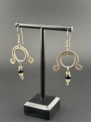 Artisan Sculptural Mixed Metal Black Yellow Glass Bead Dangle Earrings