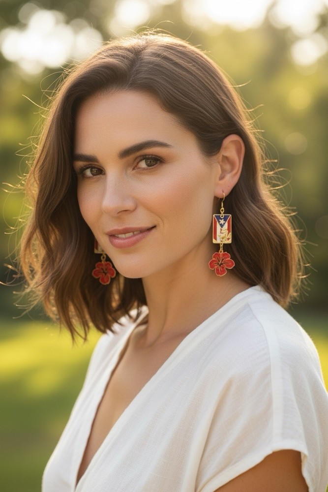 Puerto Rico Flag Hibiscus Flower Dangle Earrings | Boricua Jewelry Gift for Her