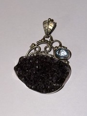 Handcrafted Amethyst & Aquamarine Pendant Black Blue Silver Asymmetrical