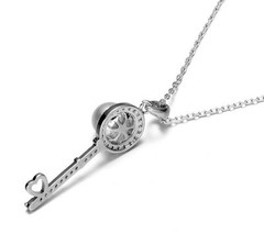 18″ Key Wedding Necklace Bridesmaid Gift Silver White Pearl CZ Pendant Box PE5