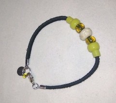 Bracelet Yellow Glass & Bone Beads, Leather Cord, Beads Made By Native Americans