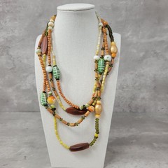Vintage Layered Bead Necklace Wood Glass Ceramic Multi Strand Boho 19 Inch Jewel