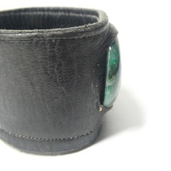 Leather Cuff Bracelet Green Jasper Stone Cabochon Snaps Vintage Handmade AS IS