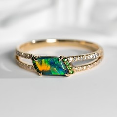 Black Opal Split Shank Engagement Ring with Diamond 14K Yellow Gold