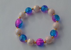 Handmade Light pink bead Blue Pink crackled bead Elastic Stretch Cord Bracelet