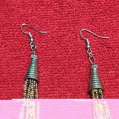 Beaded Tassel Dangle Earrings Brown Gold Black Metal French Wire Women