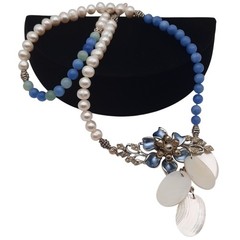 Upcycled Florenza Jewelry Necklace Cultured Pearl MOP Blue & Green Stones