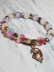 Beautiful Handmade Dolphin Charmed Glass Beaded Bracelet White, Pink Blue