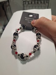 Handmade Beaded Black Red Silver Charm Bracelet Glass Metal Round Art Theme