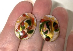 Enamel on Copper SMALL OVAL POST EARRINGS- Green/Red/Peach Color Enamel- Inga