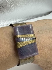 SIGNED JAN MICHAELS SAN FRANCISCO CUFF Brass HAMMERED BRACELET Purple STONE