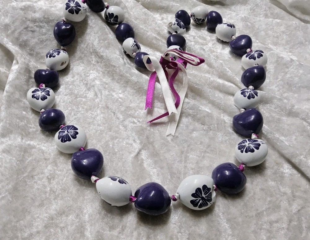 Hawaiian Purple & White Natural Kukui Nut Necklace Black Ribbon Tie Closure 32”