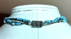 Natural Turquoise, Sterl. Silver Handmade Leaf necklace, knotted, 19″, 4 strands