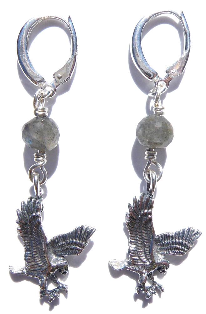 Handmade Labradorite Gemstone Earrings with Sterling Silver Eagle Charms
