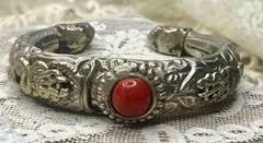 Fine Old Chinese Dragon Red Coral Bracelet Cuff 800 Silver Handcrafted Jewelry