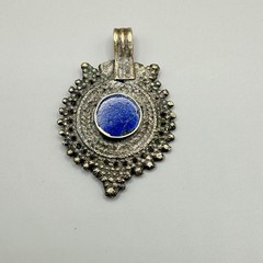 Antique Hand Made Stone Pendant India 1 1/2″ Boho Western Unique Cobalt Blue