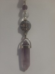 Genuine AMETHYST DT Crystal CLEAR QUARTZ Beads Glass Moon Face Pendant Necklace