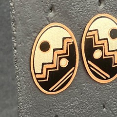 Pierced Earrings Copper Oval Black Silver Aztec Abstract Design Retro Boho Mod