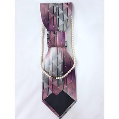 Artisan Vintage Silk Tie Pendant Pearl Beaded Necklace Silver Pink Jewel Accent