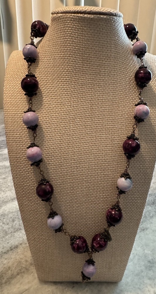 Artisan Purple Lavender Art Glass Bead Necklace Antiqued Brass Statement Jewelry