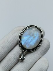 Blue Fire Moonstone Silver Pendant Necklace-NaturalWhite Rainbow Faceted Pendant