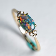 Rare Bright Australian Black Opal Diamond Engagement Ring 14K Yellow Gold