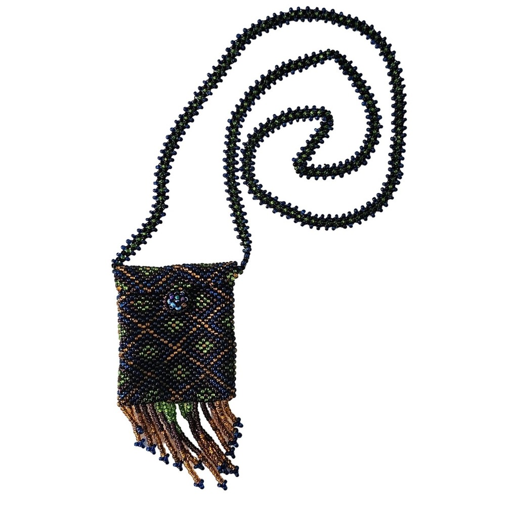 Vintage Artisan Fringed Tribal Seed Bead Necklace Pouch Diamond Pattern