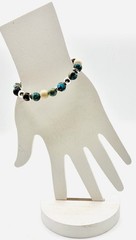 Bracelet Stretchy Blue-green Jasper Fossil Stone & Silver Plated Beads 6.0”L