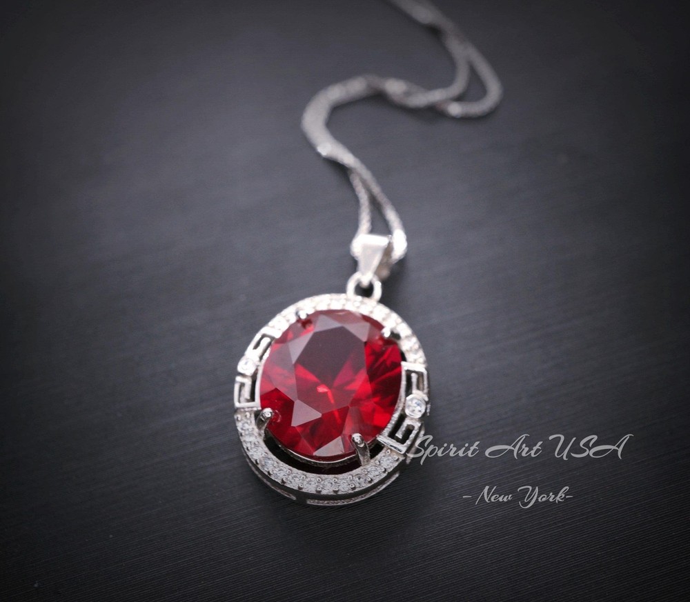 Large Oval Red Ruby Necklace – 5 CT White Gold Sterling Silver Gemstone Halo