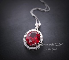 Large Oval Red Ruby Necklace – 5 CT White Gold Sterling Silver Gemstone Halo