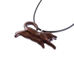 Hand-Carved Wooden Cat Pendant Necklace, Playful Kitten Pet Animal Wood Jewelry