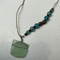 Handcrafted Sea Glass Pendant Necklace Waxed Cord Beaded Artisan Jewelry