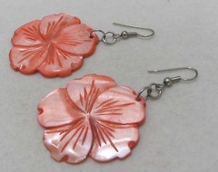 Vibrant Coral Pink Dyed Shell 1.5” HIBISCUS FLOWER Dangle GoldTone Hook Earrings