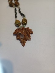 Handmade Carved Stone Leaf Pendant Necklace Earth Tone Beaded Jasper 18 Inch