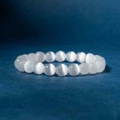 Natural White Cat Eye Selenite 8mm Beaded Calming Gemstone Stretch Bracelet